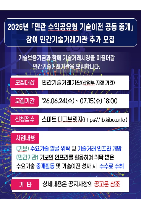 2026년「민관 수익공유형 기술이전 공동중개」참여 민간기술거래기관 추가 모집 공고